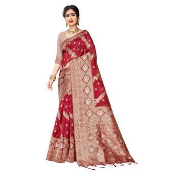 Maroon woven organza saree with blouse 1