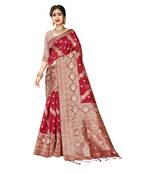 Maroon woven organza saree with blouse