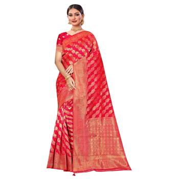 Red woven organza saree with blouse 1