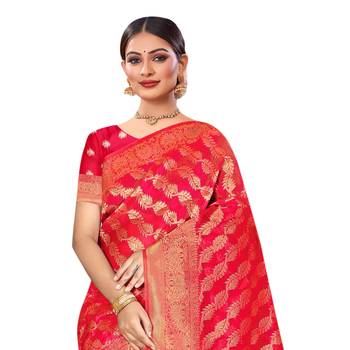 Red woven organza saree with blouse 2