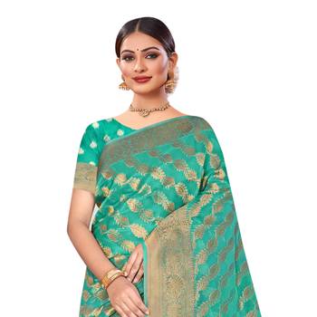 Green woven organza saree with blouse 2