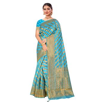 Blue woven organza saree with blouse 1