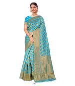 Blue woven organza saree with blouse