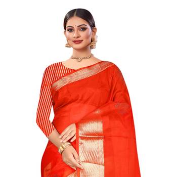Red plain organza saree with blouse 2