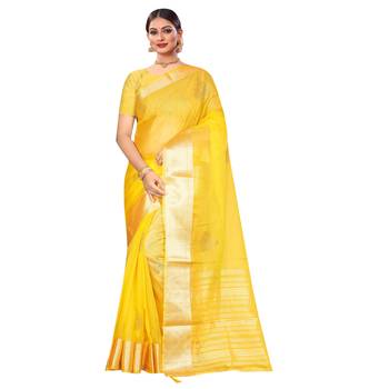 Yellow plain organza saree with blouse 1