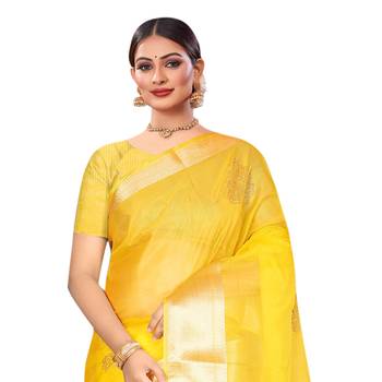 Yellow plain organza saree with blouse 2