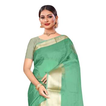 Green plain organza saree with blouse 2