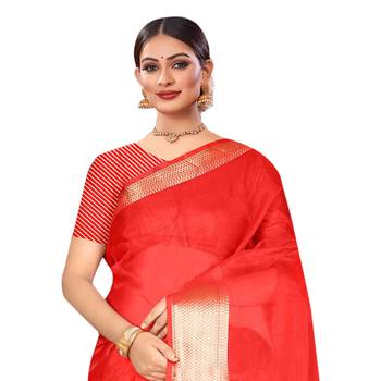 Dark red plain organza saree with blouse 2