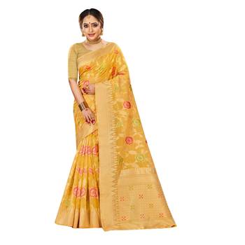 Yellow woven organza saree with blouse 1