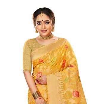 Yellow woven organza saree with blouse 2