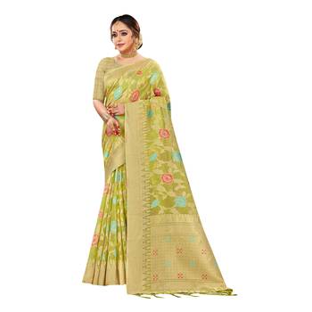 Parrot green woven organza saree with blouse 1