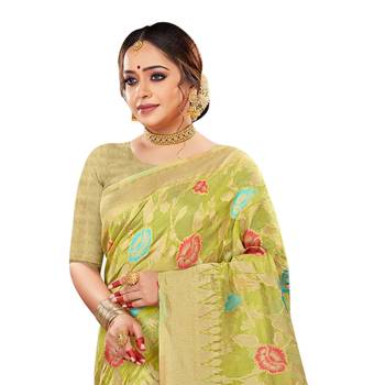 Parrot green woven organza saree with blouse 2