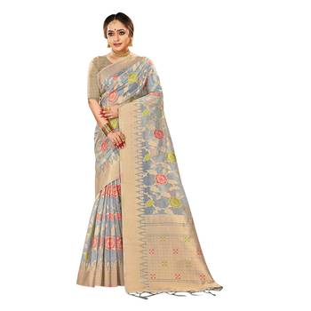 Grey woven organza saree with blouse 1