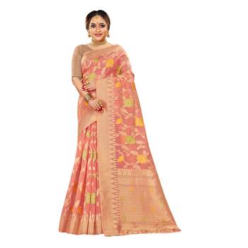 Baby pink woven organza saree with blouse 1