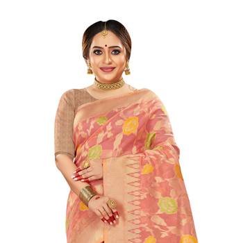 Baby pink woven organza saree with blouse 2