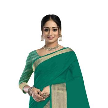 Teal plain organza saree with blouse 2