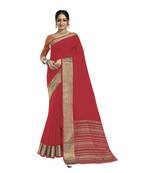 Red plain organza saree with blouse