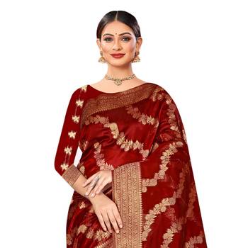 Maroon woven organza saree with blouse 2