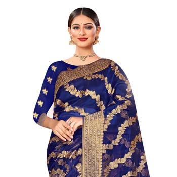 Blue woven organza saree with blouse 2