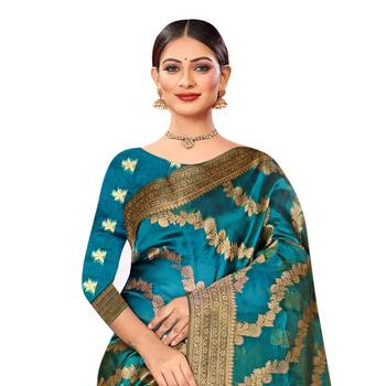 Blue woven organza saree with blouse 2