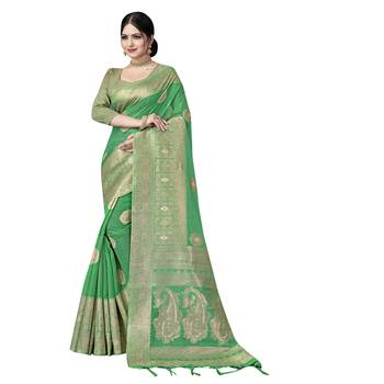 Green woven organza saree with blouse 1
