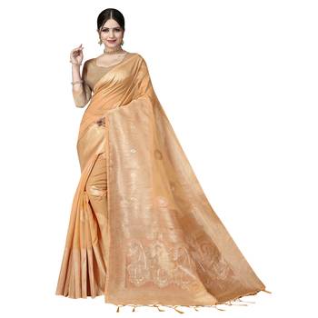 Peach woven organza saree with blouse 1