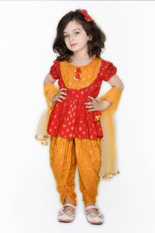 Red Jhabla with Mustard Dhoti with tassels