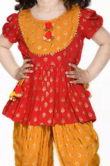 Red Jhabla with Mustard Dhoti with tassels