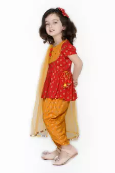 Red Jhabla with Mustard Dhoti with tassels