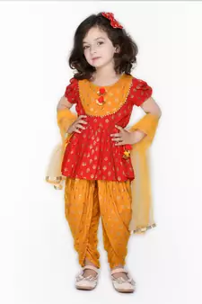Red Jhabla with Mustard Dhoti with tassels