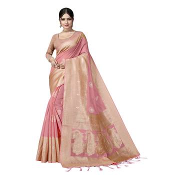 Light pink woven organza saree with blouse 1