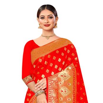 Red woven organza saree with blouse 2