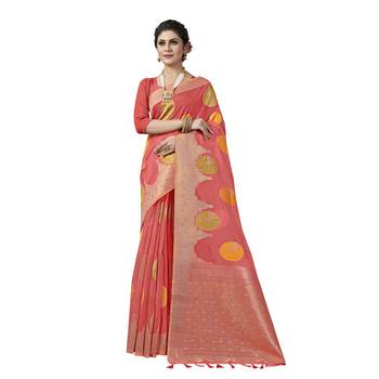Pink woven organza saree with blouse 1