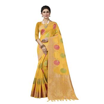 Yellow woven organza saree with blouse 1
