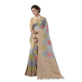 Grey woven organza saree with blouse 1
