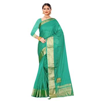 Teal embroidered organza saree with blouse 1