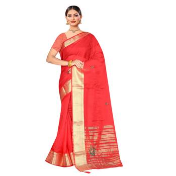 Red embroidered organza saree with blouse 1