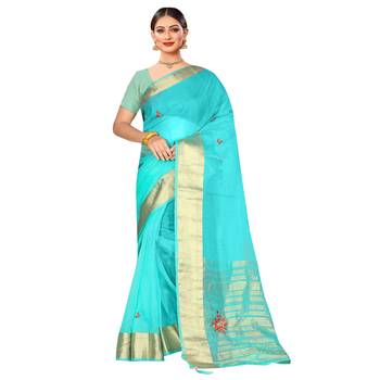 Sky blue embroidered organza saree with blouse 1