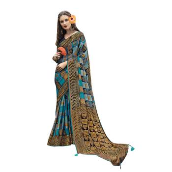 Blue printed brasso saree with blouse 1