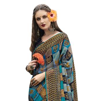 Blue printed brasso saree with blouse 2