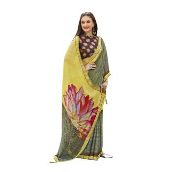 Green printed brasso saree with blouse 1