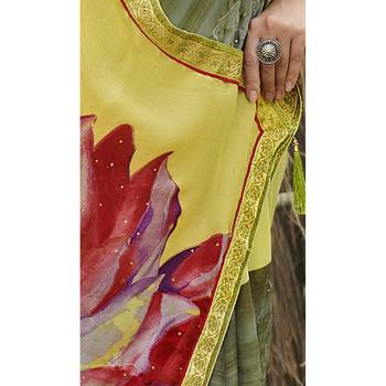 Green printed brasso saree with blouse 3