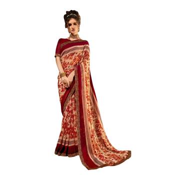 Beige printed pure chiffon saree with blouse 1
