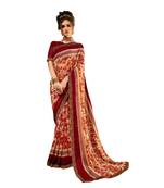 Beige printed pure chiffon saree with blouse