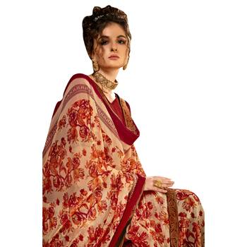 Beige printed pure chiffon saree with blouse 2