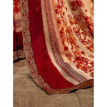 Beige printed pure chiffon saree with blouse 3