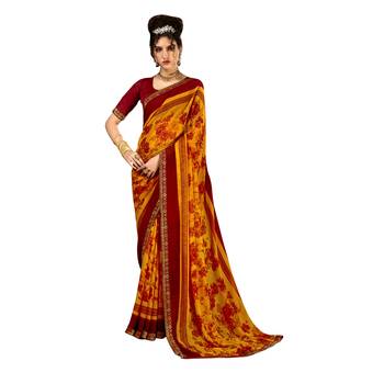 Yellow printed pure chiffon saree with blouse 1