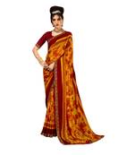 Yellow printed pure chiffon saree with blouse