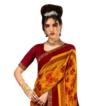 Yellow printed pure chiffon saree with blouse 2