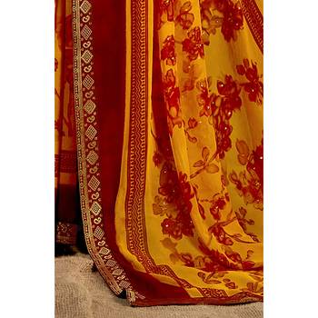Yellow printed pure chiffon saree with blouse 3